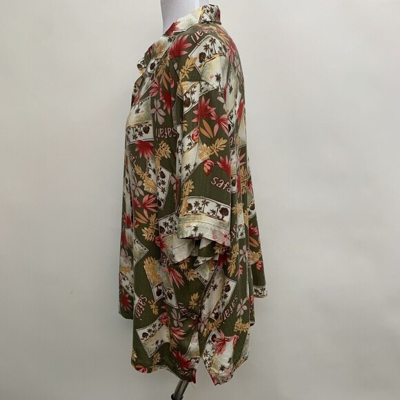 Bahama Beach Woman Top Shirt 2X Multicolor Olive Green Pink Red Floral Safari - Picture 2 of 6